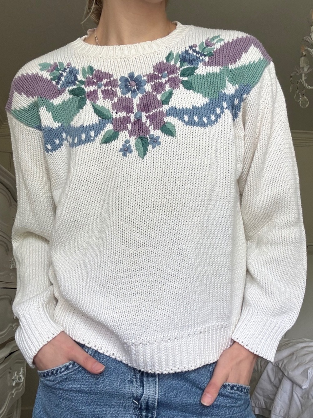 VINTAGE 80s 90s Jantzen floral embroidered pastel cottagecore sweater